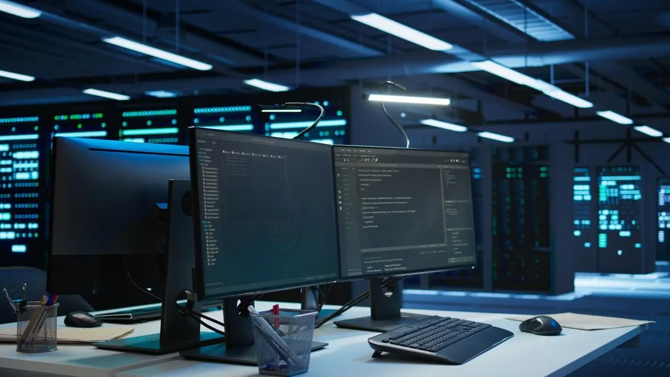 Конфигурация компьютера с несколькими мониторами в дата-центре, используемая для мониторинга угроз безопасности.